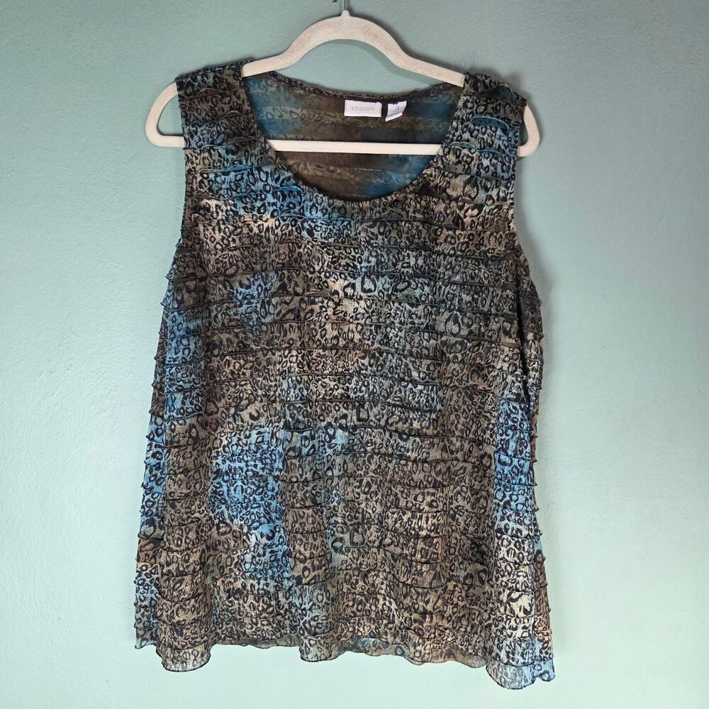 Chicos Womens 3 US XL Animal Print Ruffle Tank Top Stretch Travel Sleeveless Top